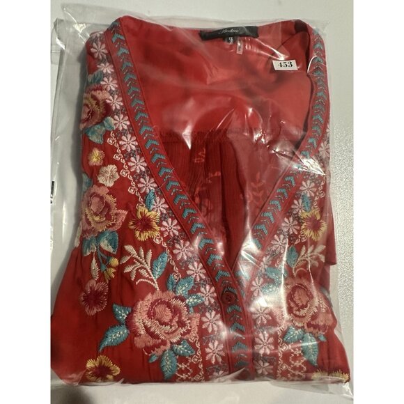 Andree by Unit Sz 1x V-Neck Top Roll Tab Red Embroidered Lace Boho Flowy - Picture 13 of 13